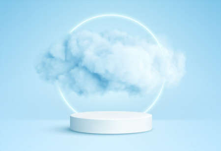Realistic white fluffy clouds in product podium with neon circle on blue background. Cloud sky background for your design. Vector illustrationのイラスト素材