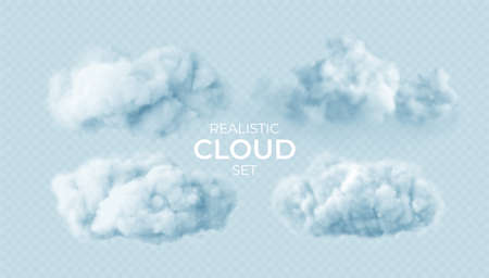 Realistic white fluffy clouds set isolated on transparent background. Cloud sky background for your design. Vector illustrationのイラスト素材