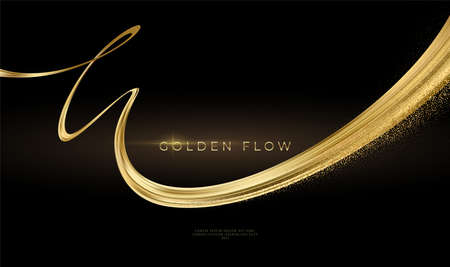 Gold wave flow and golden glitter on black background. Abstract shiny color gold wave luxury background. Luxury gold flow wallpaper. Vector illustrationのイラスト素材