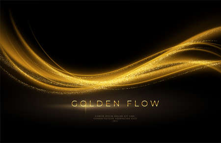 Gold wave flow and golden glitter on black background. Abstract shiny color gold wave luxury background. Luxury gold flow wallpaper. Vector illustrationのイラスト素材