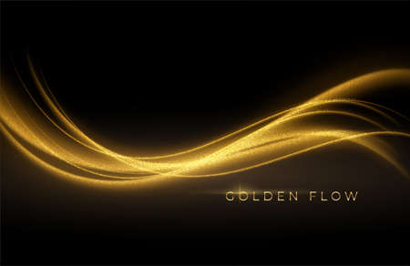 Gold wave flow and golden glitter on black background. Abstract shiny color gold wave luxury background. Luxury gold flow wallpaper. Vector illustrationのイラスト素材