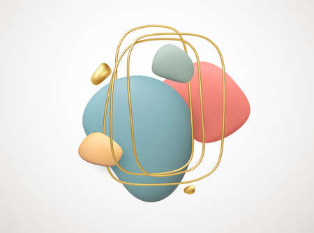 Realistic 3D shapes abstract creative backgrounds in minimal trendy style with copy space for text. Colored stone pebbles and golden abstract frame. Vector illustrationのイラスト素材