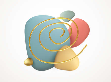 Realistic 3D shapes abstract creative backgrounds in minimal trendy style with copy space for text. Colored stone pebbles and golden abstract frame. Vector illustrationのイラスト素材
