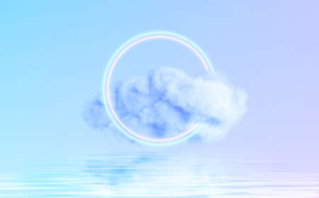Neon Circle shape in a cloud of fog reflecting in the water. Modern trending 3d conceptual design background. Violet blue pink colors. Vector illustrationのイラスト素材