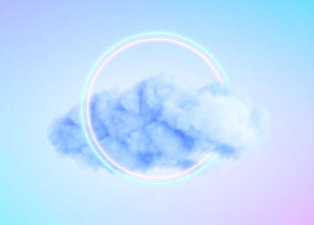 Glowing Neon Circle Shape in a Cloud of Fog. Modern trending 3d conceptual design background. Violet blue pink colors. Vector illustrationのイラスト素材