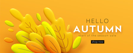 Hello Autumn 3d minimal background with autumn yellow, orange leaves. 3d Fall leaves background for the design of Fall banners, posters, advertisements, cards, sales. Vector illustrationのイラスト素材