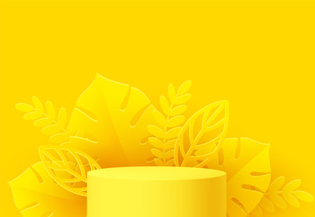 Yellow Product podium with paper cut monstera leaf on yellow background. Modern mockup template for advertising. Vector illustrationのイラスト素材