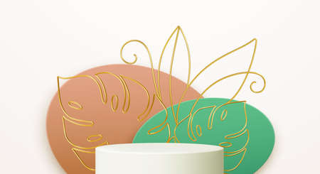 Product podium with golden monstera leaf line art on color shape background. Modern mockup template for advertising. Vector illustrationのイラスト素材