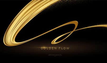 Modern 3d banner with gold flow on black background. Gold flow wave line pattern. Luxury golden wave wallpaper. Vector illustrationのイラスト素材