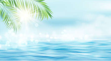 Summer seascape. The rays of the sun and the leaves of the palm tree on the background of the seascape. Sun rays blurred bokeh effect. Vector illustrationのイラスト素材