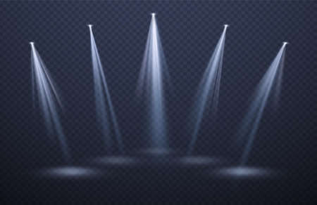 Spotlights light beams isolated on black background. Festive background for night show, party, presentation. Vector illustrationのイラスト素材