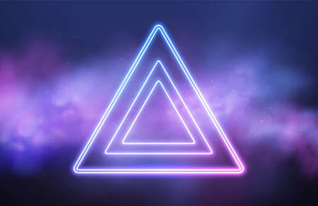 Abstract triangle neon frame on pink smoke background. Vector glowing light lines. Dark neon background. Vector illustrationのイラスト素材