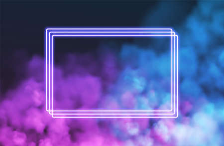 Abstract rectangle neon frame on pink smoke background. Vector glowing light lines. Dark neon background. Vector illustrationのイラスト素材