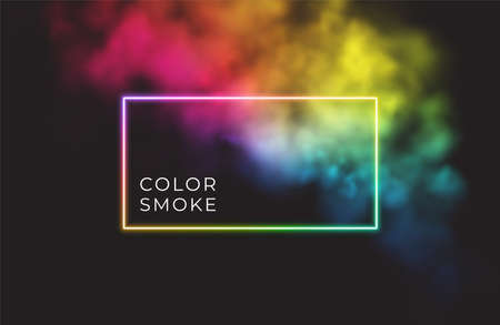 Abstract rectangle neon frame on color smoke background. Vector glowing light lines. Dark neon background. Vector illustrationのイラスト素材
