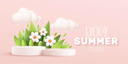Enjoy Summer 3d realistic background with clouds, daisies, grass, leaves and product podium on a pink background. Vector illustrationのイラスト素材