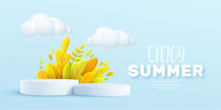 Enjoy Summer 3d realistic background with clouds, grass, leaves and product podium on a pink background. Vector illustrationのイラスト素材
