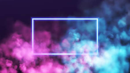 Abstract rectangle neon frame on pink and blue smoke background. Vector glowing light lines. Dark neon background. Vector illustrationのイラスト素材