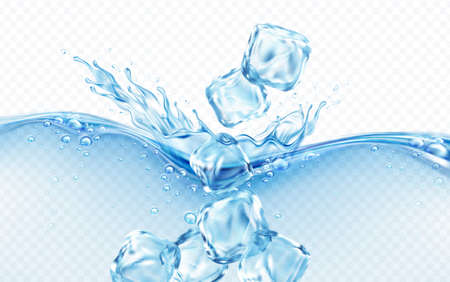 Ice cubes falling into blue transparent wave of water splash with bubbles isolated on white background. Real transparent water effect. Vector illustrationの写真素材