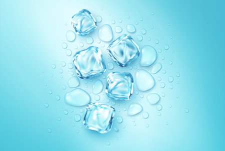 Realistic Ice Cubes and Water Drops on a Blue Background. Top view of melting ice cubes. Vector illustrationのイラスト素材
