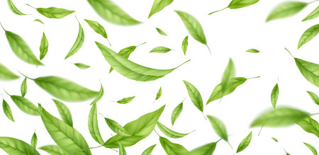 Realistic flying falling green tea leaves isolated on white background. Background with flying green spring leaves. Vector illustrationのイラスト素材