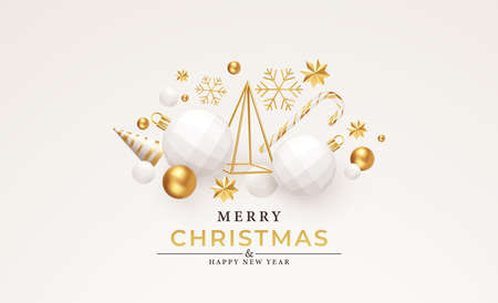 Merry Christmas and Happy New Year Background. Gold and White 3d objects holidays composition. Christmas tree, Christmas decorations, snowflakes and stars. Vector illustrationのイラスト素材