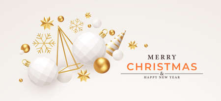 Merry Christmas and Happy New Year Background. Gold and White 3d objects holidays composition. Christmas tree, Christmas decorations, snowflakes and stars. Vector illustrationのイラスト素材