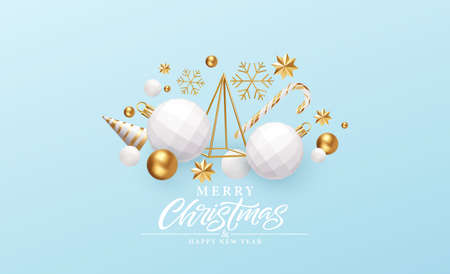 Merry Christmas and Happy New Year Background. Gold and White 3d objects holidays composition. Christmas tree, Christmas decorations, snowflakes and stars. Vector illustrationのイラスト素材