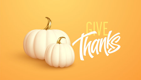 3d realistic white gold pumpkin isolated on orange background. Thanksgiving background with pumpkins and Give Thanks inscription. Vector illustration EPS10のイラスト素材