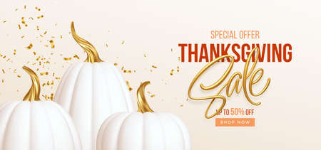 3d realistic white golden pumpkin with sale text isolated on white background. Thanksgiving background with pumpkins and Thanksgiving sale lettering. Vector illustrationのイラスト素材