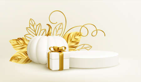 3d realistic white gold pumpkin with golden leaves, product podium and gift box isolated on white background. Thanksgiving background with pumpkins, podium and gift box. Vector illustrationのイラスト素材