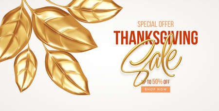 Thanksgiving or fall discount sale banner with falling gold leaves. Autumn sale backdrop with golden leaves. Vector illustrationのイラスト素材