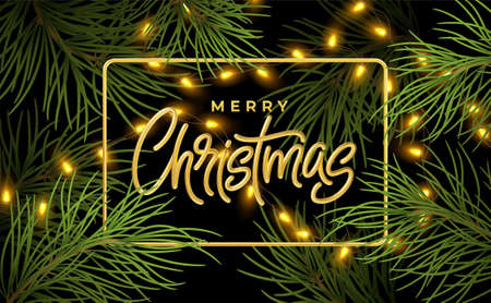 Christmas background with realistic branches of a Christmas tree with glowing electric garland. Background for a Christmas greeting, postcard, banner. Vector illustrationのイラスト素材