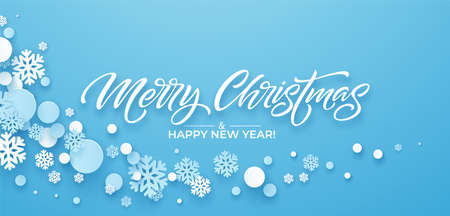 Festive blue Christmas background with paper snowflakes. Christmas Papercut background design for postcard, banner, flyer. Vector illustrationのイラスト素材
