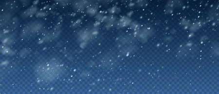 Snow Blizzard realistic overlay background. Snowflakes flying in the sky isolated on transparent background. Background for Christmas design. Vector illustrationのイラスト素材