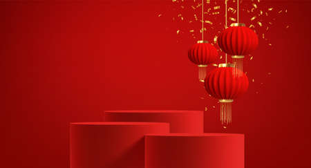 Chinese new year background with realistic 3d red product podium and red Chinese paper lanterns. Vector illustrationのイラスト素材