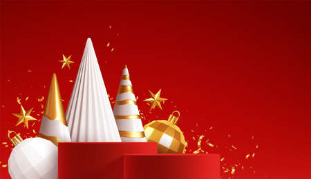 Merry Christmas Handmade Holiday Background.Red product podium with white and gold Christmas decorations on a red background. Vector illustrationのイラスト素材