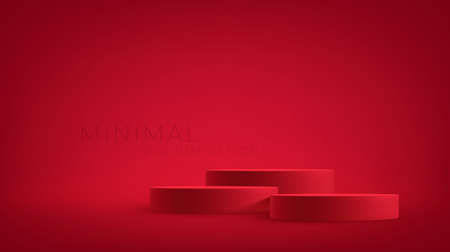 Realistic 3d red product podium on red background. Red product stage for product demonstration. Background for presentation, advertising, banner, poster. Vector illustrationのイラスト素材