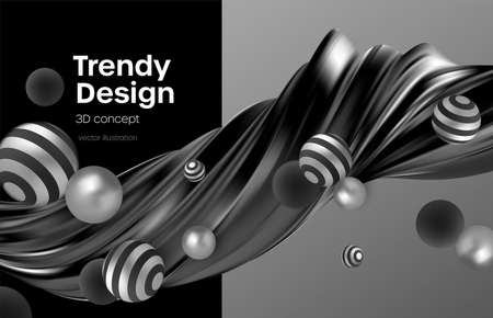 Trending abstract modern background with black and silver spheres and an organic wave shape. Geometric abstract background. Vector illustrationのイラスト素材