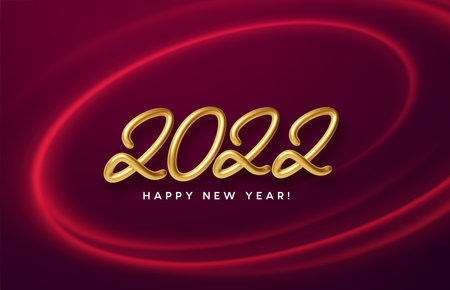 Calendar header 2022 realistic metallic gold number on red wave swirl background with gold sparkle. Happy new year 2022 red background. Vector illustrationのイラスト素材