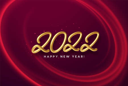 Calendar header 2022 realistic metallic gold number on red wave swirl background with gold sparkle. Happy new year 2022 red background. Vector illustrationのイラスト素材