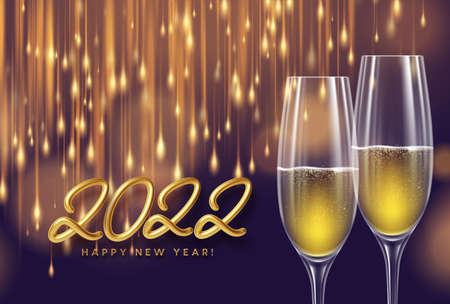 Happy new year 2022 illustration with golden realistic number 2022, glasses of champagne and fireworks sparks. Gold sequin blur bokeh background. Vector illustrationのイラスト素材