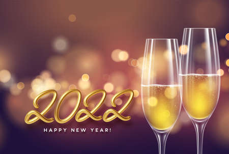 Happy new year 2022 illustration with golden realistic number 2022, glasses of champagne and fireworks sparks. Gold sequin blur bokeh background. Vector illustrationのイラスト素材