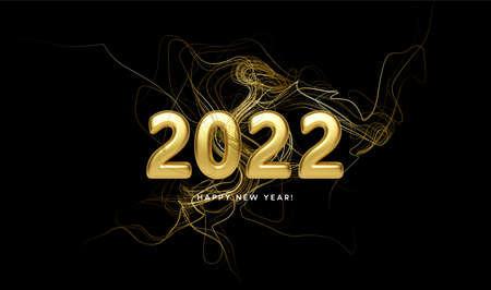 Calendar header 2022 with golden waves swirl with golden sparkles on black background. Happy new year 2022 golden waves background. Vector illustrationのイラスト素材