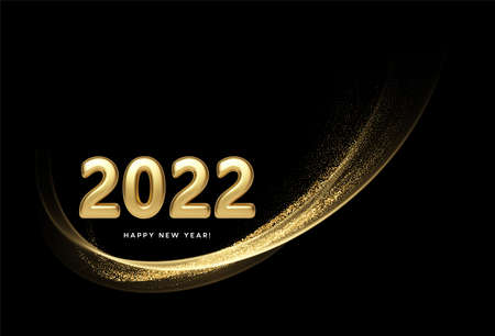 Calendar header 2022 with golden waves swirl with golden sparkles on black background. Happy new year 2022 golden waves background. Vector illustrationのイラスト素材