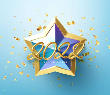 Realistic shiny 3D golden inscription 2022 Happy New Year on a blue gold star background. Vector illustrationのイラスト素材
