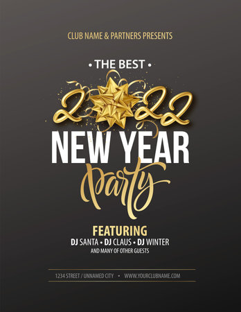 New Year party typography poster with 2022 gold realistic inscription, gift bow, golden tinsel and golden confetti on a black background. Vector illustrationのイラスト素材