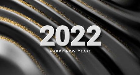 2022 realistic golden 3d inscription on the background of black silk wave. Vector illustrationのイラスト素材
