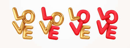 Realistic 3d render of the word Love isolated on a white background. Gold and red 3d rendering of the word Love. Vector illustrationのイラスト素材