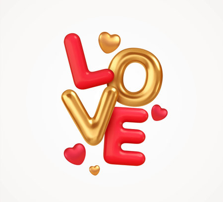 Realistic 3d render of the word Love isolated on a white background. Gold and red 3d rendering of the word Love. Vector illustrationのイラスト素材