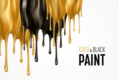 Realistic gold and black paint drips isolated on a white background. Dripping, flowing black and gold paint. Golden Fluid Flow. Vector illustrationのイラスト素材